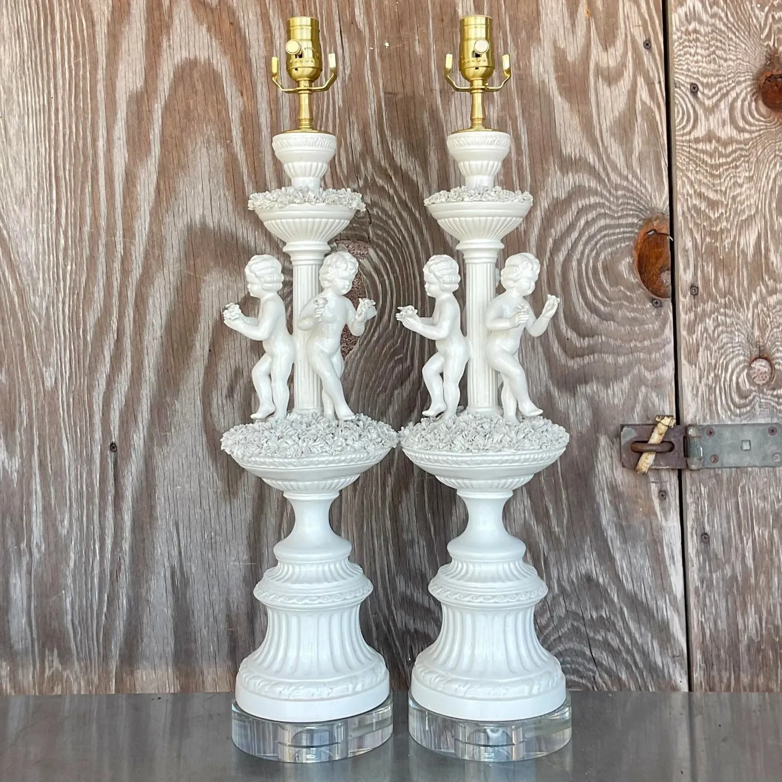 Vintage Regency Glazed Ceramic Putti Style Lamps - a Pair