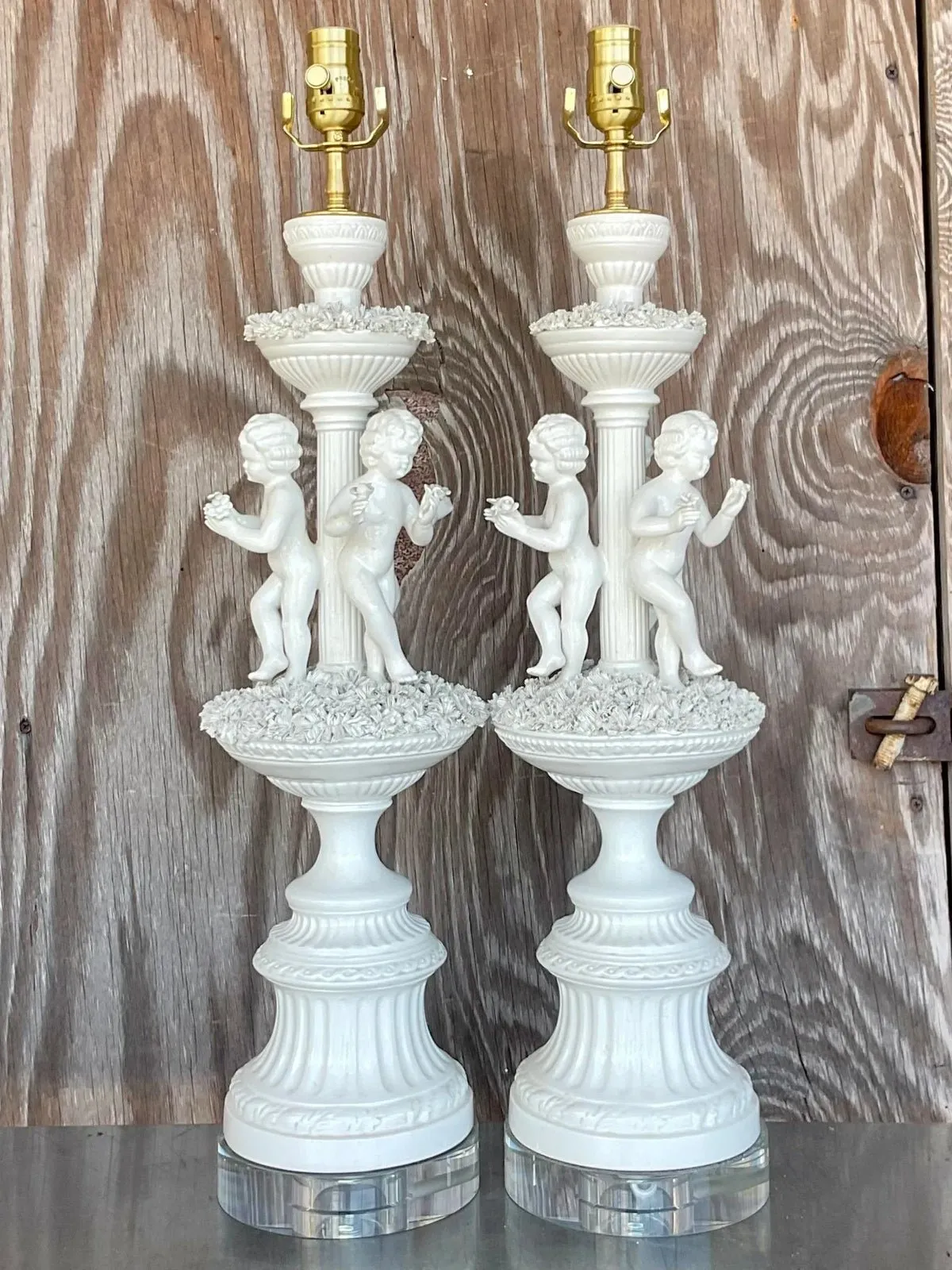 Vintage Regency Glazed Ceramic Putti Style Lamps - a Pair