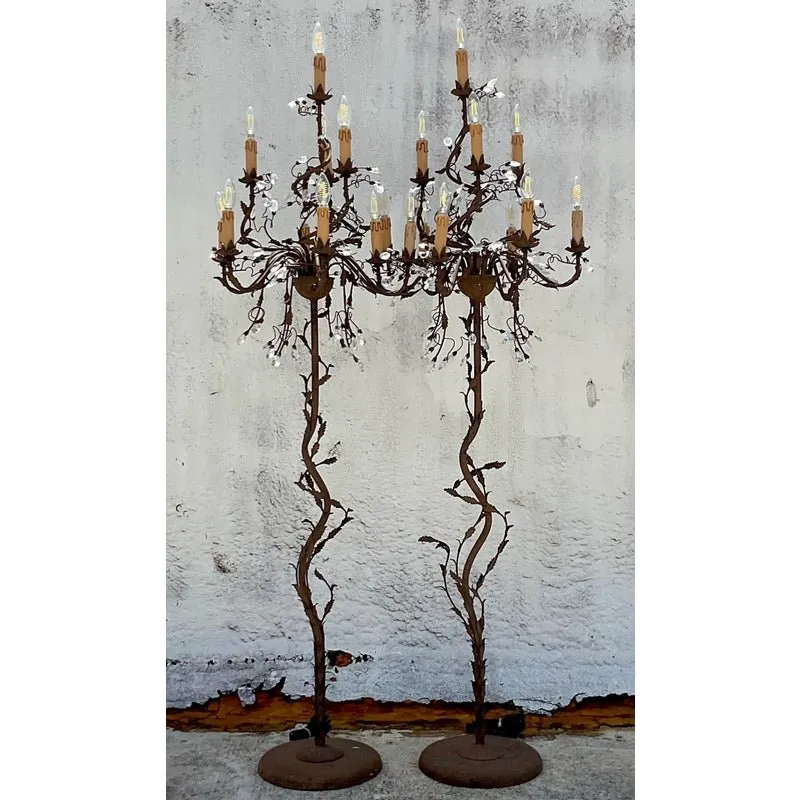 Vintage Boho Patinated Crystal Teardrop Floor Chandelier Lamps - a Pair — additional photo 1