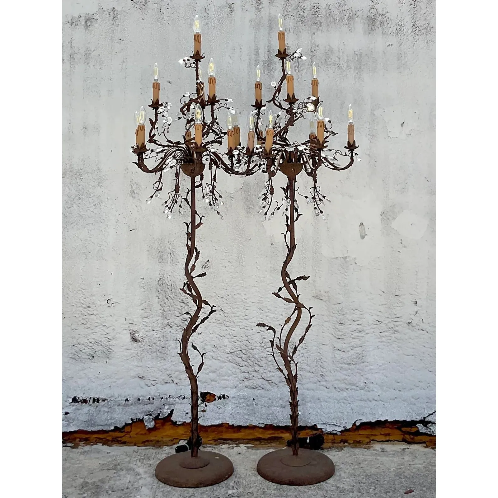Vintage Boho Patinated Crystal Teardrop Floor Chandelier Lamps - a Pair — additional photo 5