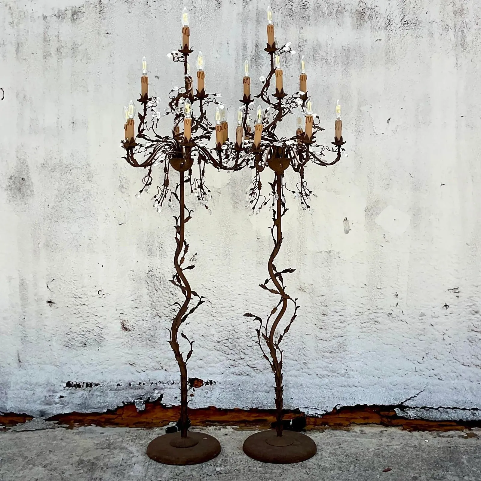 Vintage Boho Patinated Crystal Teardrop Floor Chandelier Lamps - a Pair — additional photo 2