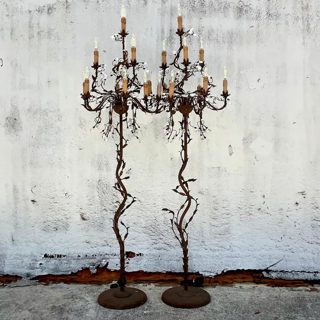 Vintage Boho Patinated Crystal Teardrop Floor Chandelier Lamps - a Pair — additional photo 2