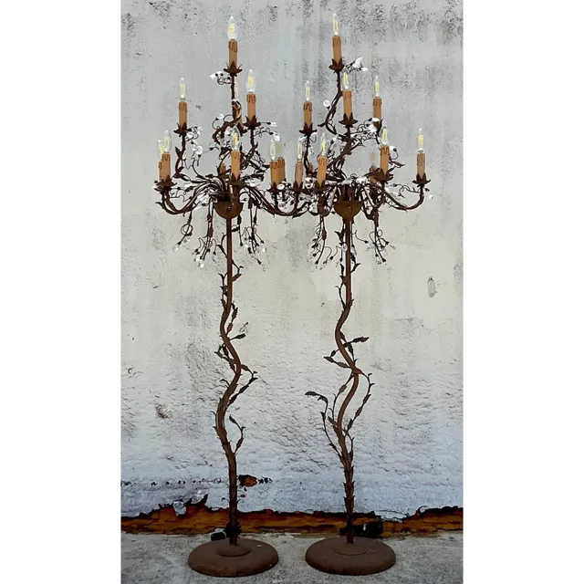 Vintage Boho Patinated Crystal Teardrop Floor Chandelier Lamps - a Pair — additional photo 4