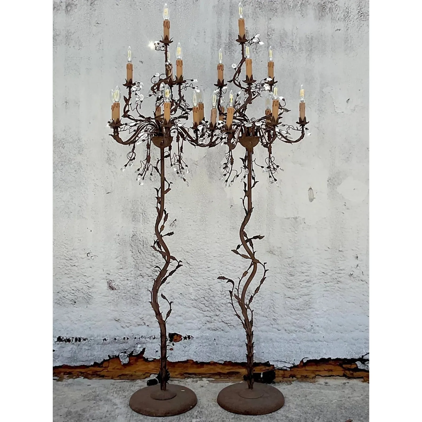 Vintage Boho Patinated Crystal Teardrop Floor Chandelier Lamps - a Pair — additional photo 3