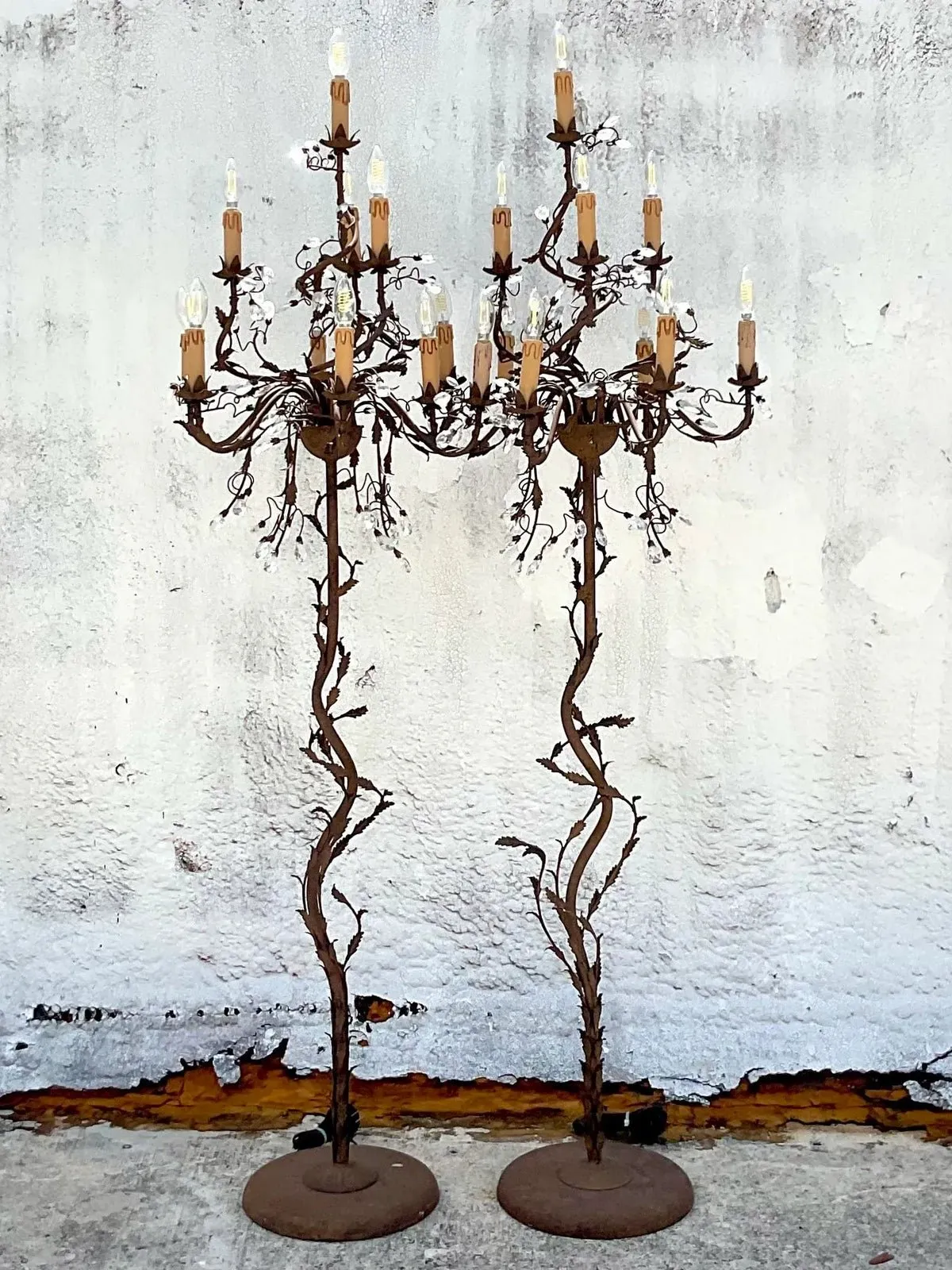Vintage Boho Patinated Crystal Teardrop Floor Chandelier Lamps - a Pair — additional photo 7