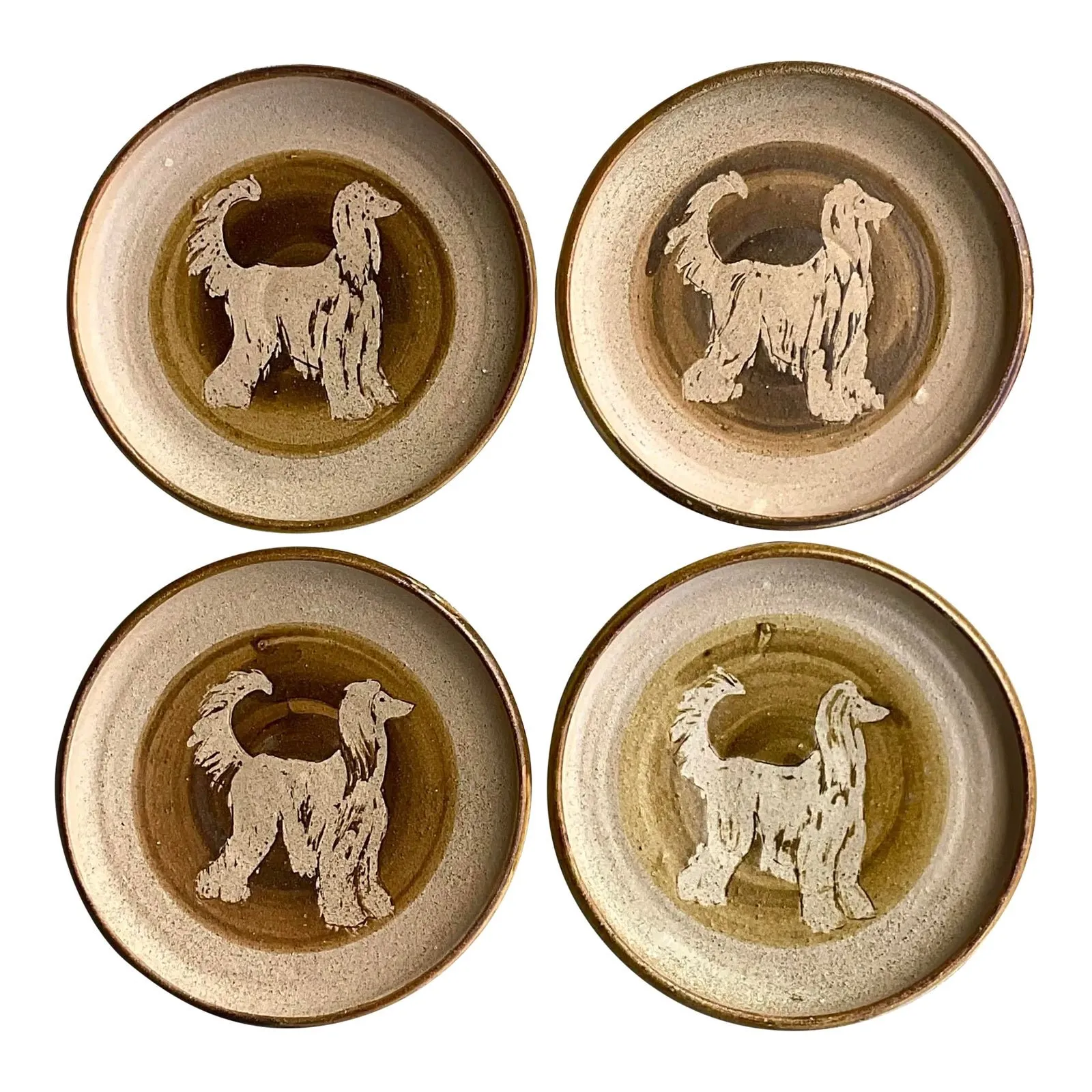 Vintage Boho Signed Studio Pottery Plates With Afghan Dogs - Set of 4 — additional photo 1