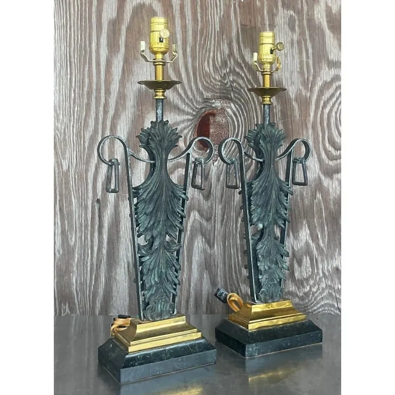 Vintage Boho Maitland Smith Patinated Fleur De Lys Lamps - a Pair — additional photo 4