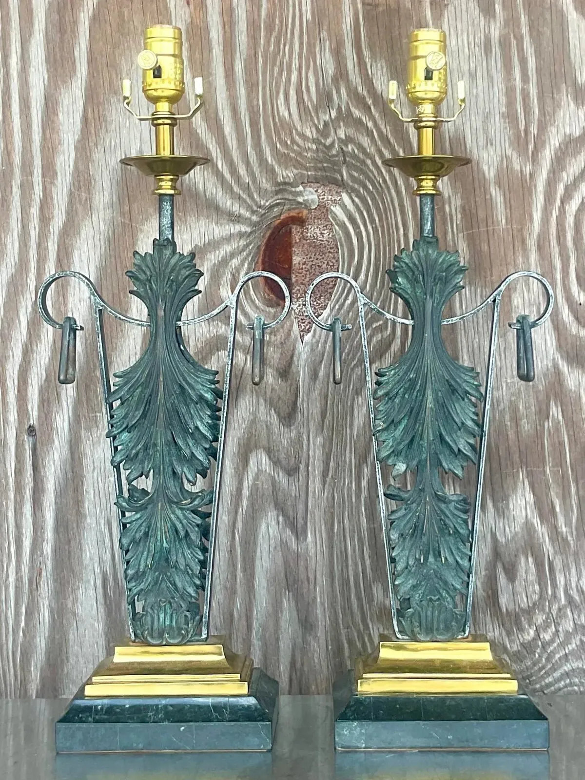 Vintage Boho Maitland Smith Patinated Fleur De Lys Lamps - a Pair — additional photo 2