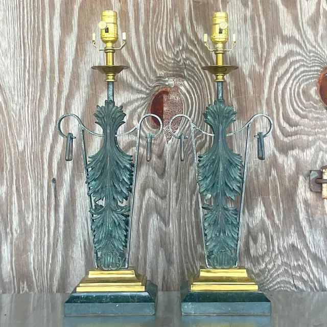 Vintage Boho Maitland Smith Patinated Fleur De Lys Lamps - a Pair — additional photo 2
