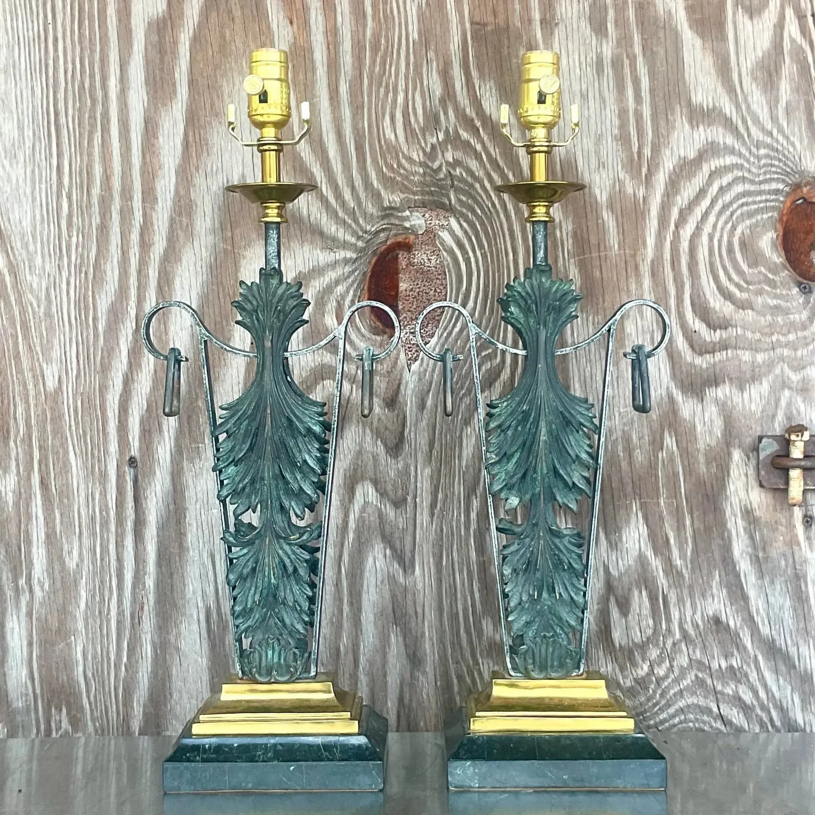 Vintage Boho Maitland Smith Patinated Fleur De Lys Lamps - a Pair — additional photo 1