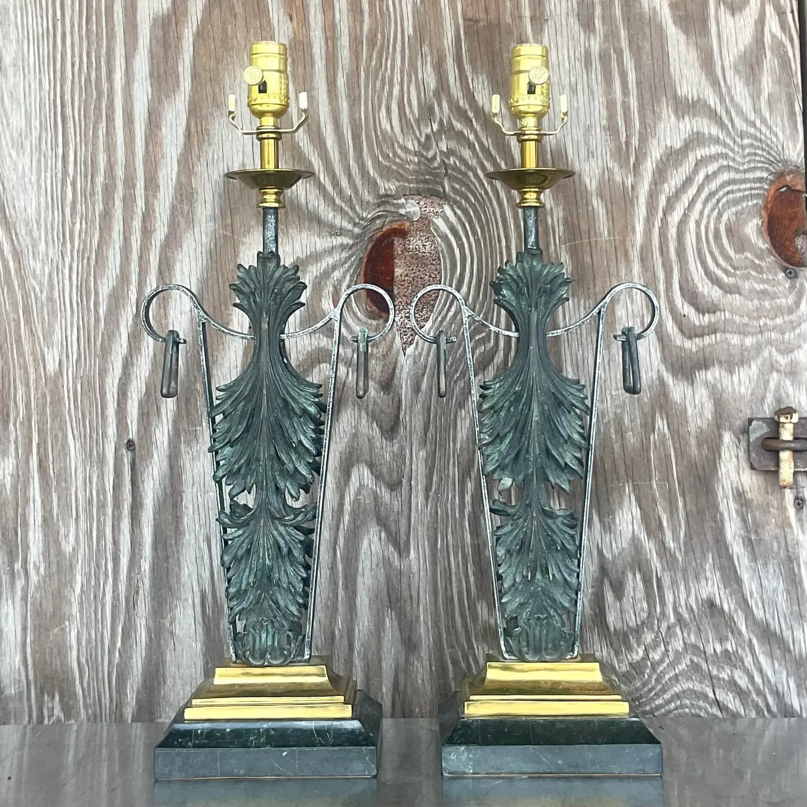 Vintage Boho Maitland Smith Patinated Fleur De Lys Lamps - a Pair — additional photo 3