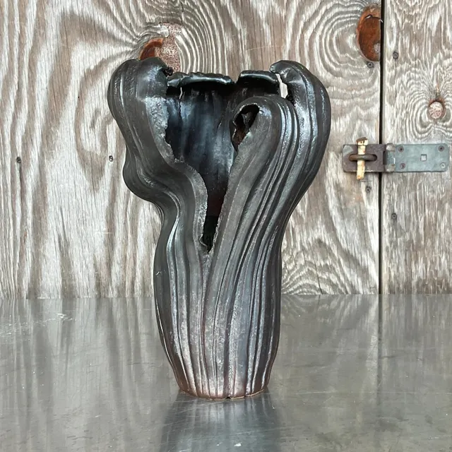 Vintage Boho Signed Studio Pottery Vase - Pottery, 7W x 12.25H — additional photo 2