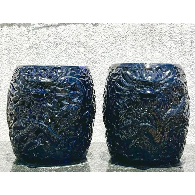 Vintage Boho Glazed Ceramic Dragon Stools - a Pair — additional photo 2