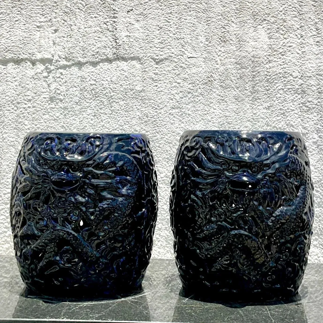 Vintage Boho Glazed Ceramic Dragon Stools - a Pair — additional photo 4