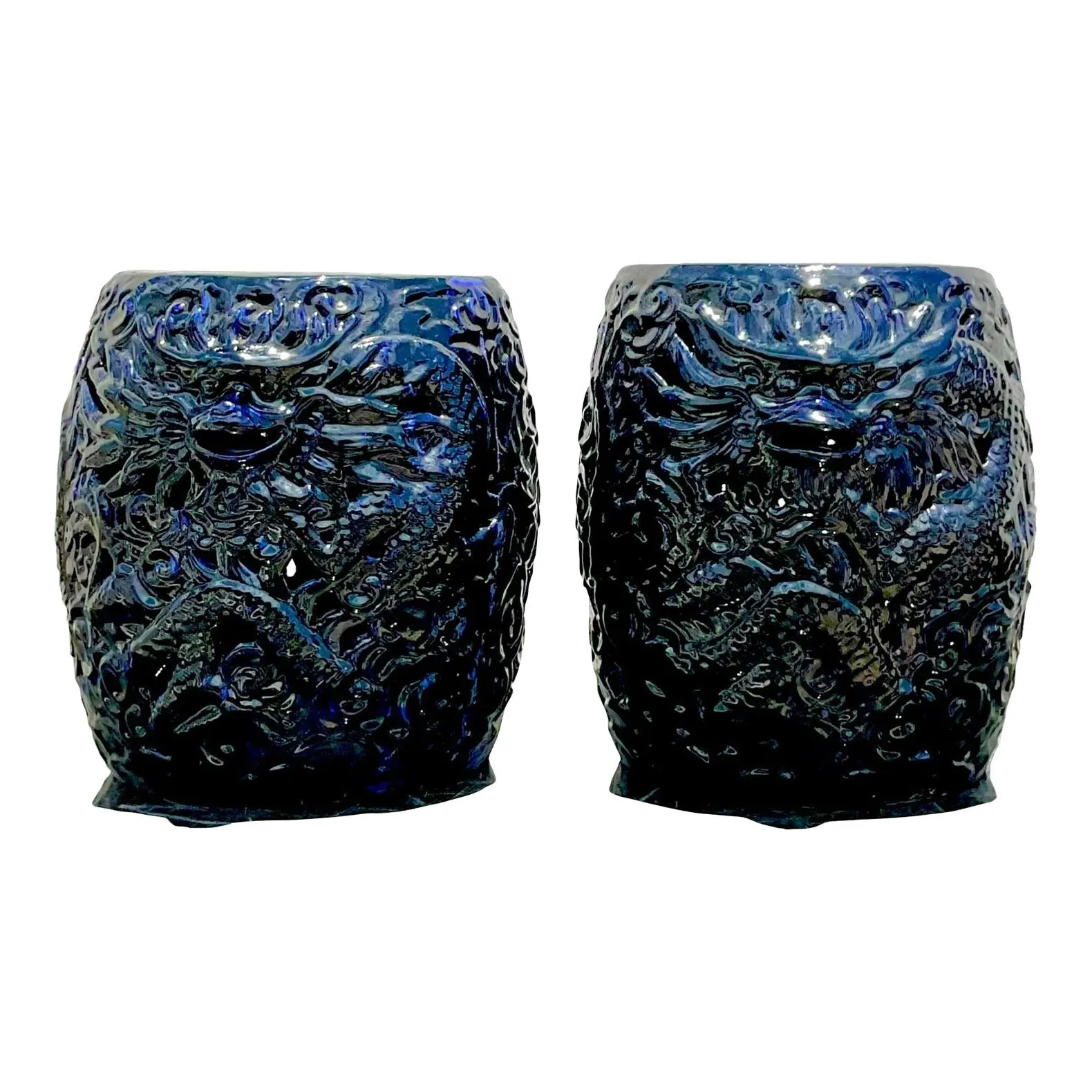 Vintage Boho Glazed Ceramic Dragon Stools - a Pair — additional photo 1