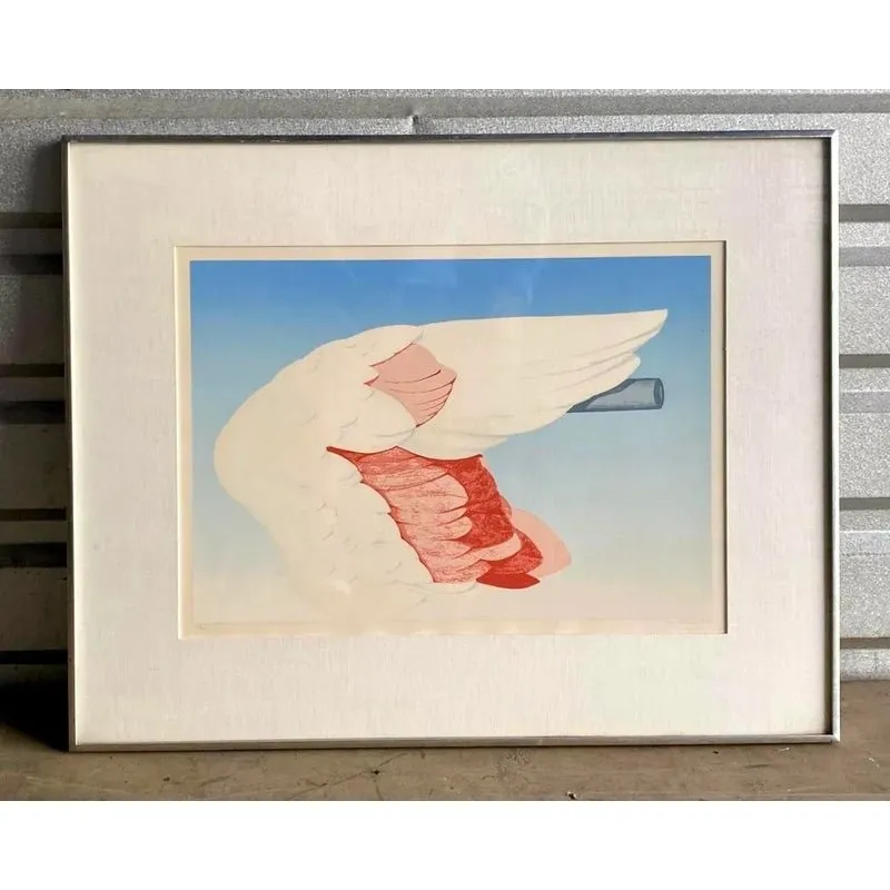 Vintage Boho Signed Original 1972 Lithograph of Flamingo Wing — additional photo 1