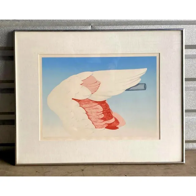 Vintage Boho Signed Original 1972 Lithograph of Flamingo Wing — additional photo 4
