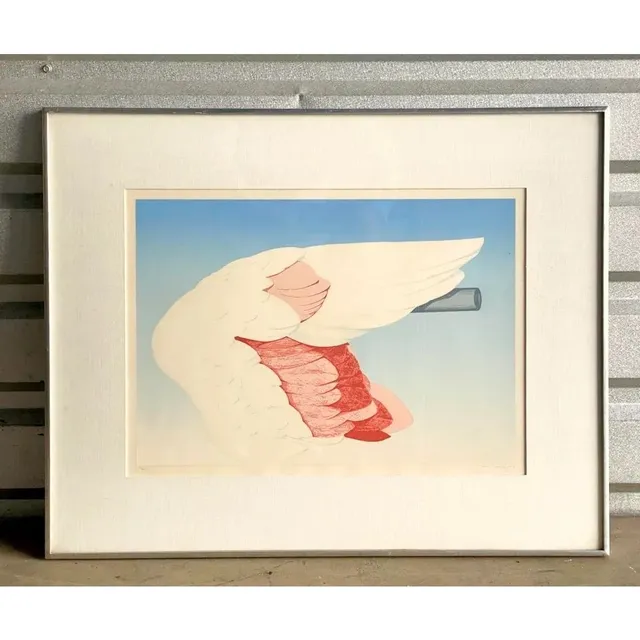 Vintage Boho Signed Original 1972 Lithograph of Flamingo Wing — additional photo 7