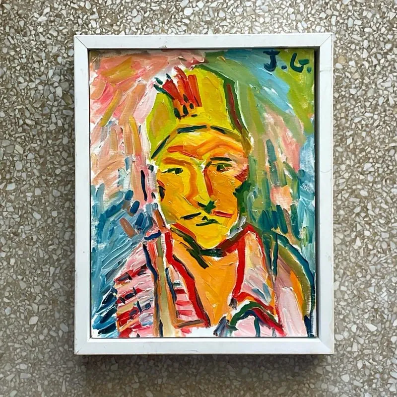 Vintage Fauvist Signed Original Oil Portrait Painting on Board