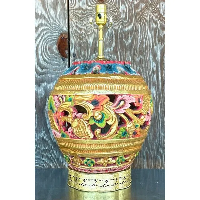 Vintage Boho Carved Wood Table Lamp