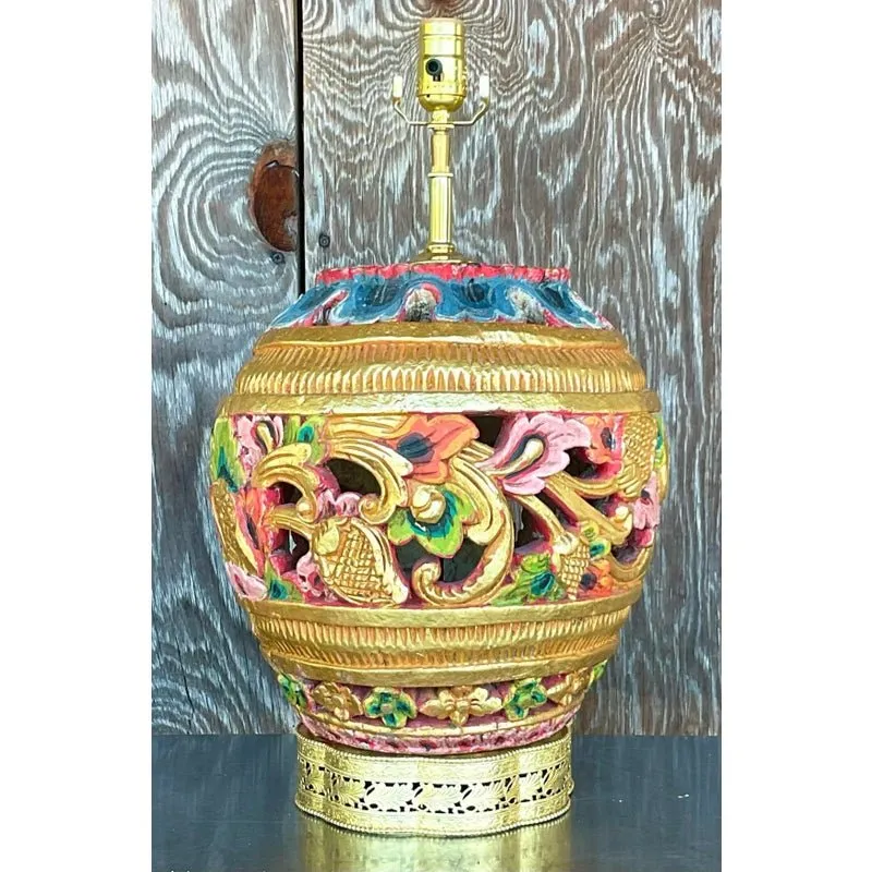 Vintage Boho Carved Wood Table Lamp — additional photo 2