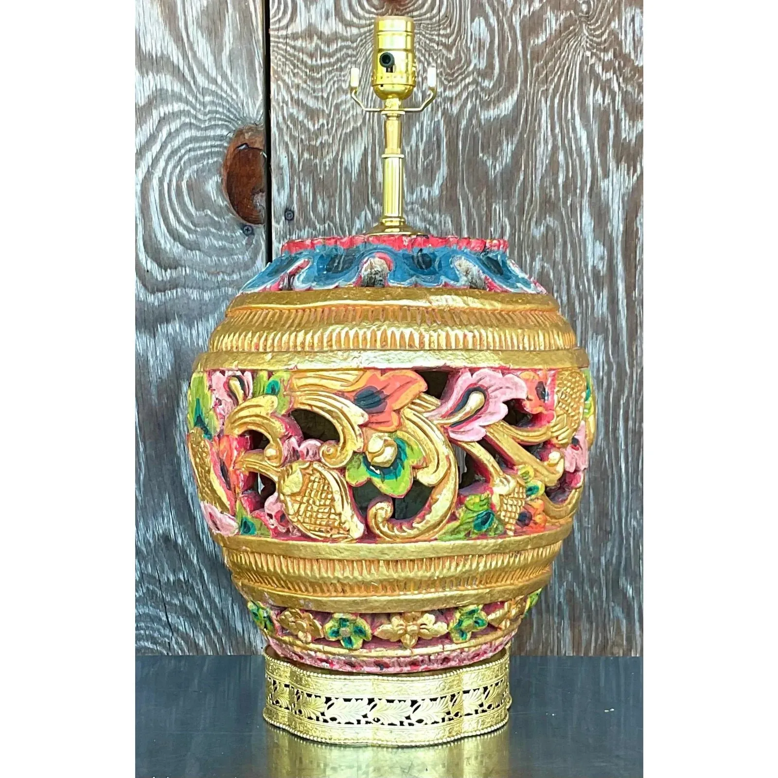 Vintage Boho Carved Wood Table Lamp — additional photo 3