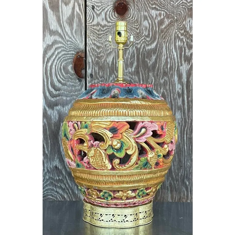 Vintage Boho Carved Wood Table Lamp — additional photo 4