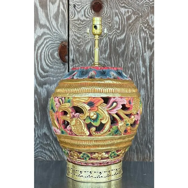 Vintage Boho Carved Wood Table Lamp — additional photo 4