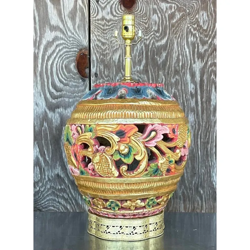 Vintage Boho Carved Wood Table Lamp — additional photo 5