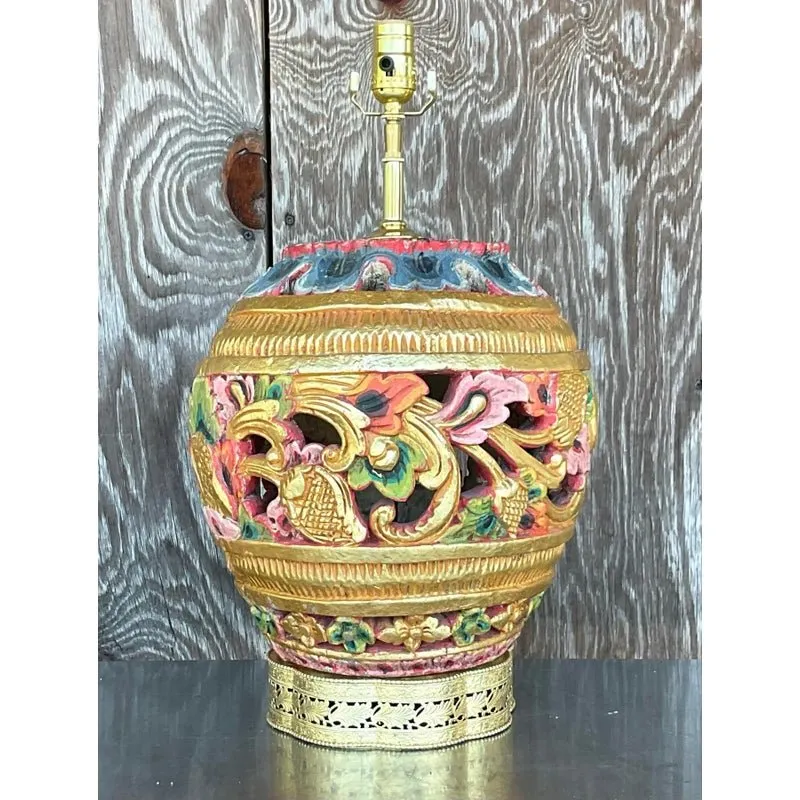 Vintage Boho Carved Wood Table Lamp — additional photo 7