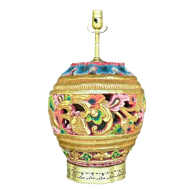 Vintage Boho Carved Wood Table Lamp — additional photo 8