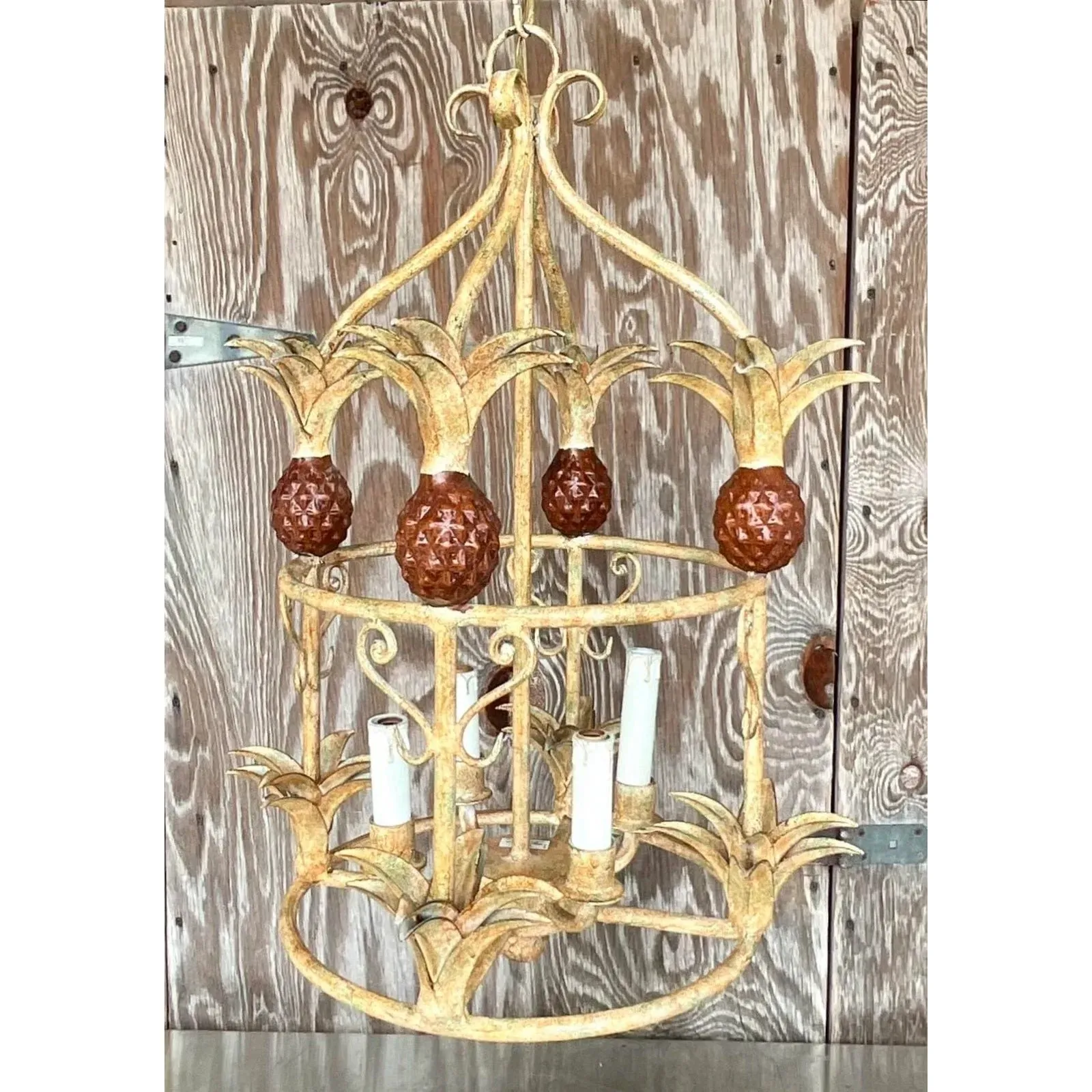 Vintage Coastal Painted Metal Pineapple Chandelier