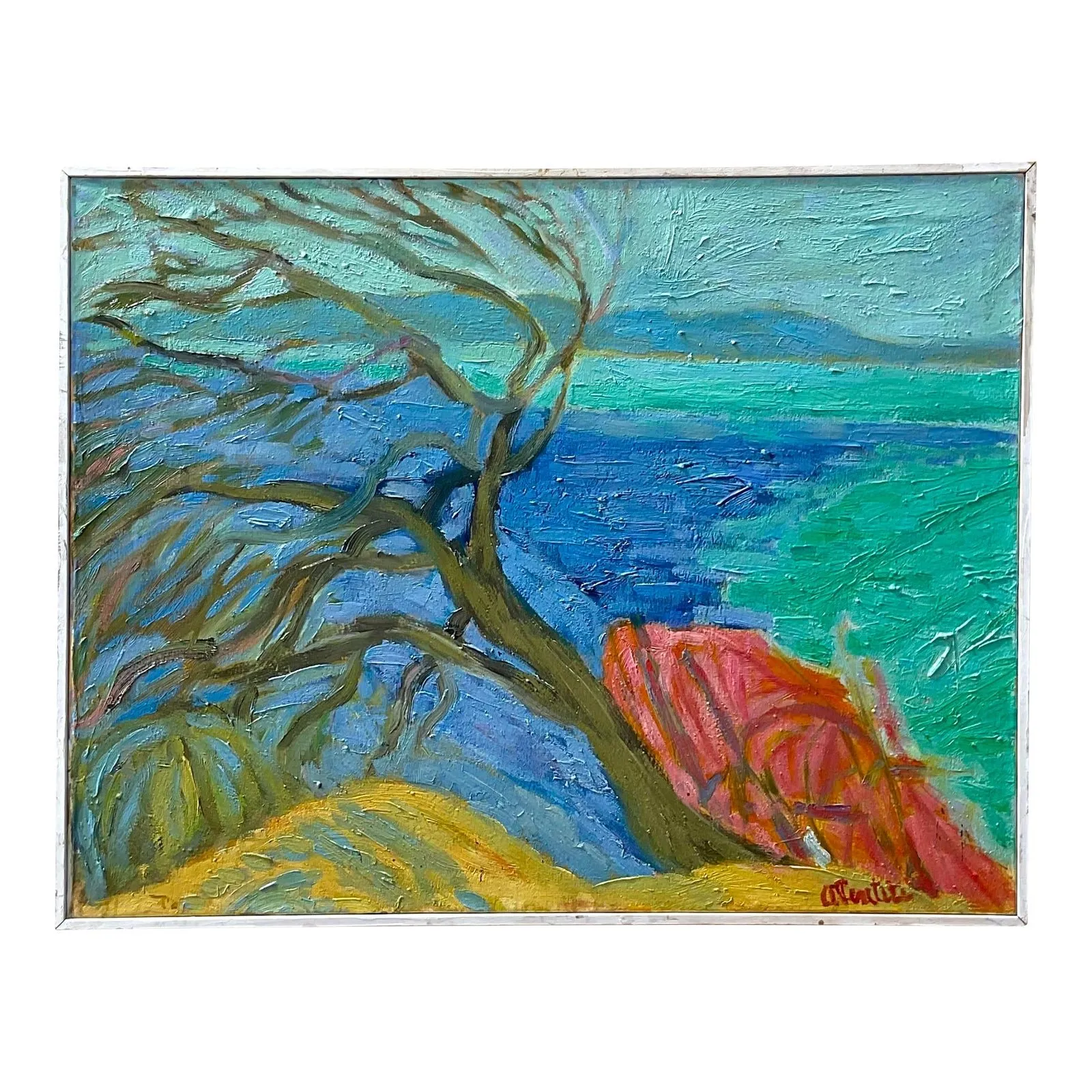 Vintage Boho Signed Original Abstract Expressionist Landscape Oil on Canvas — additional photo 1