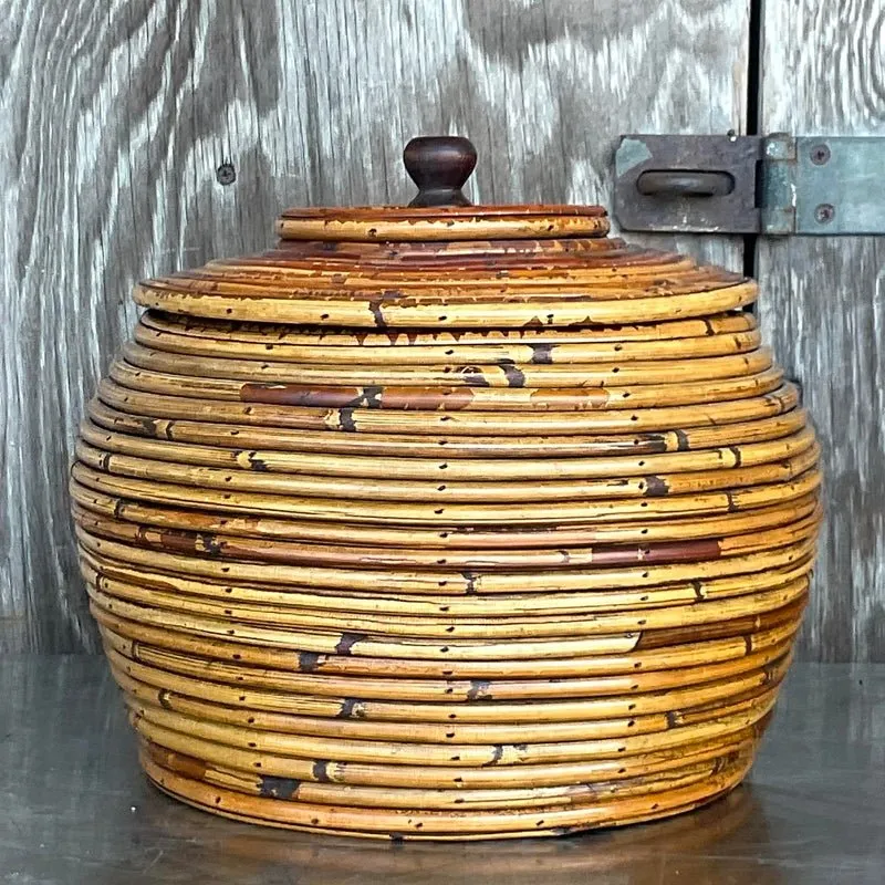 Vintage Costal Pencil Reed Low Lidded Urn