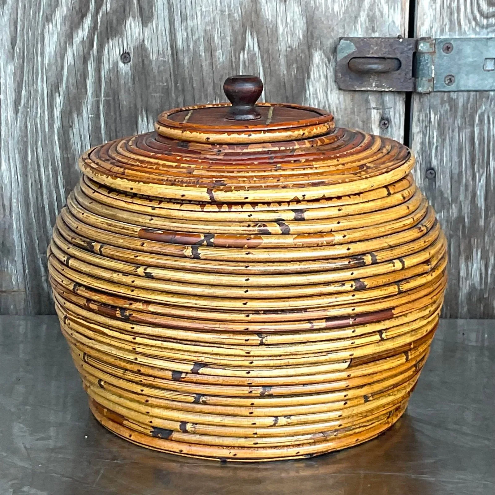 Vintage Costal Pencil Reed Low Lidded Urn — additional photo 2