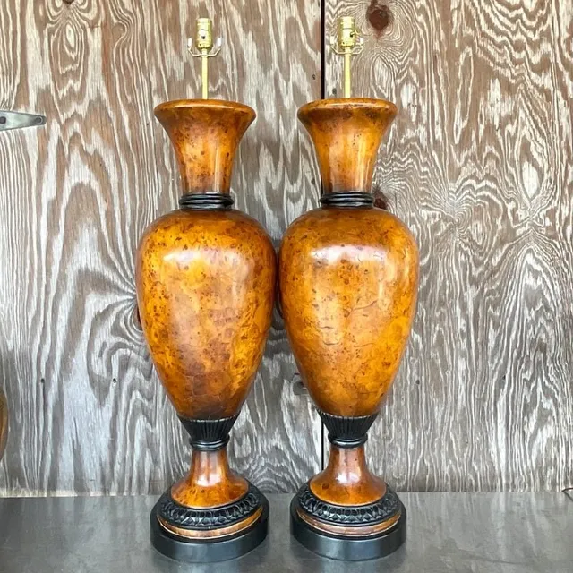 Vintage Late 20th Century Boho Burl Wood Urn Lamps - a Pair — additional photo 2