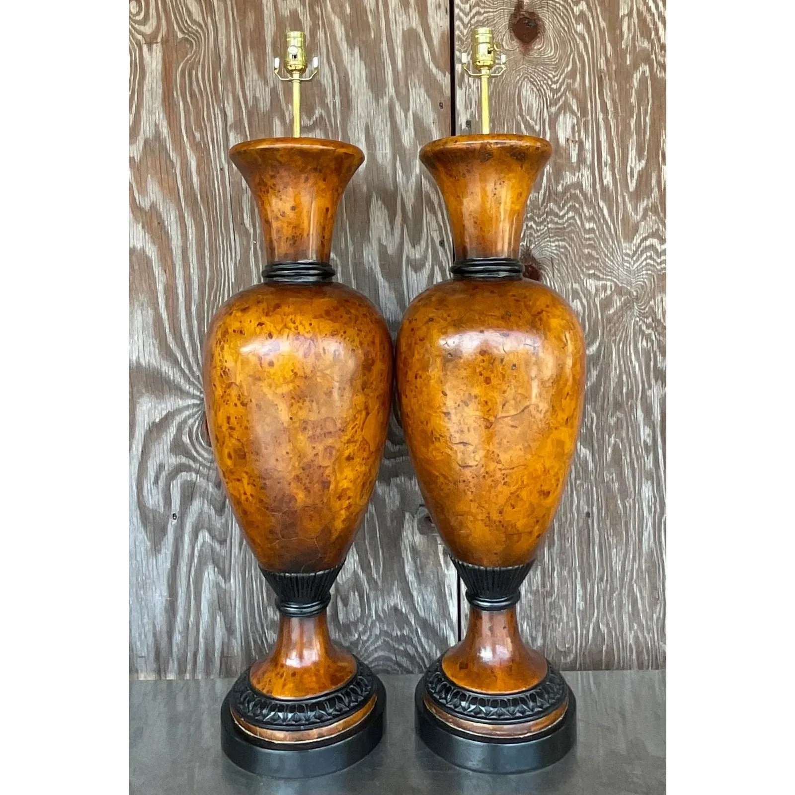 Vintage Late 20th Century Boho Burl Wood Urn Lamps - a Pair — additional photo 3