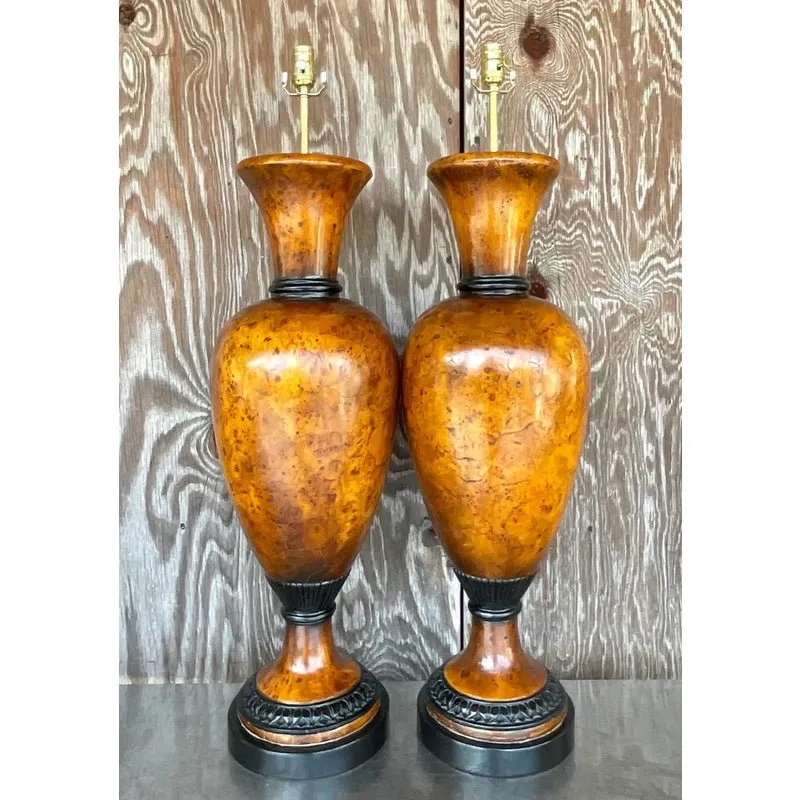 Vintage Late 20th Century Boho Burl Wood Urn Lamps - a Pair — additional photo 4
