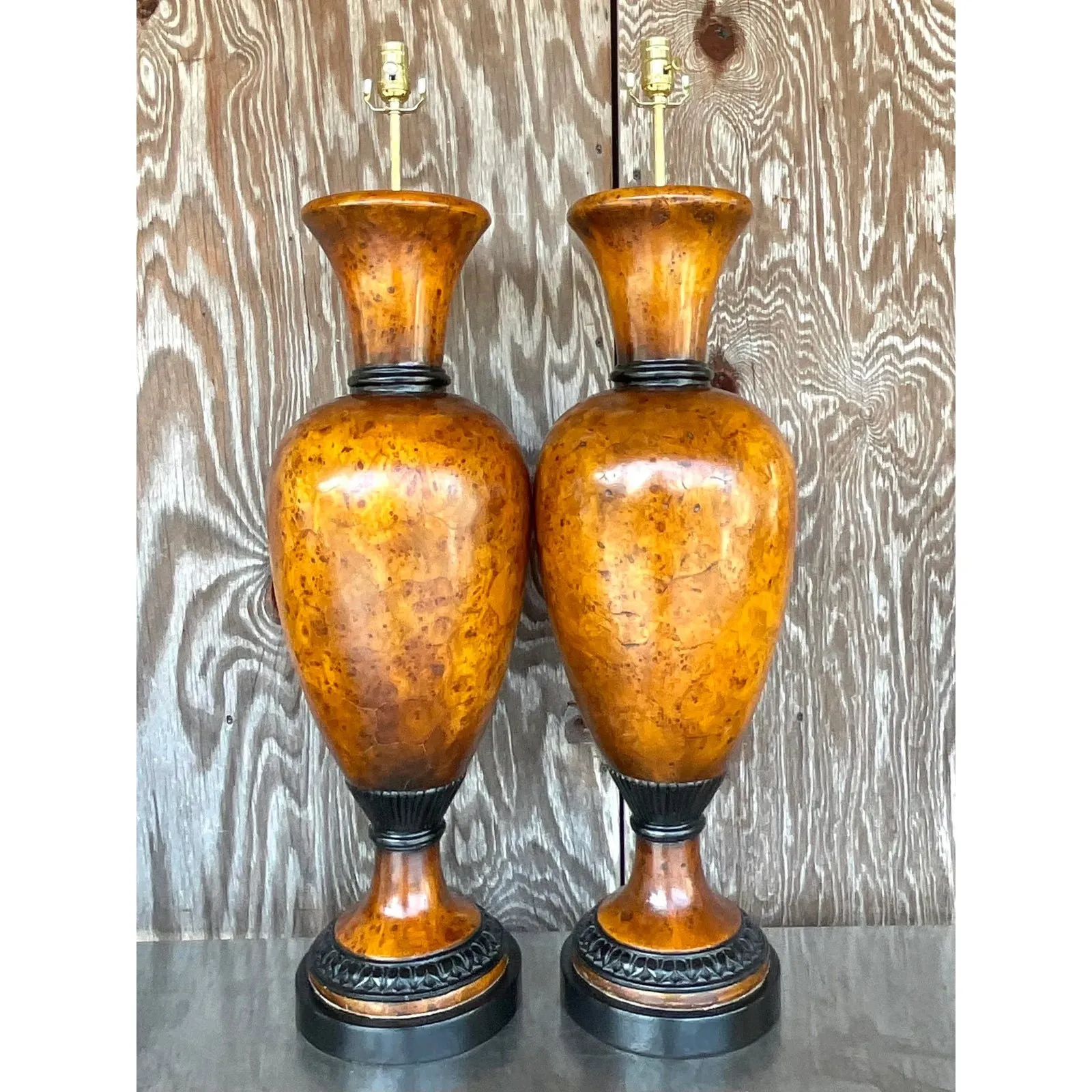 Vintage Late 20th Century Boho Burl Wood Urn Lamps - a Pair — additional photo 5