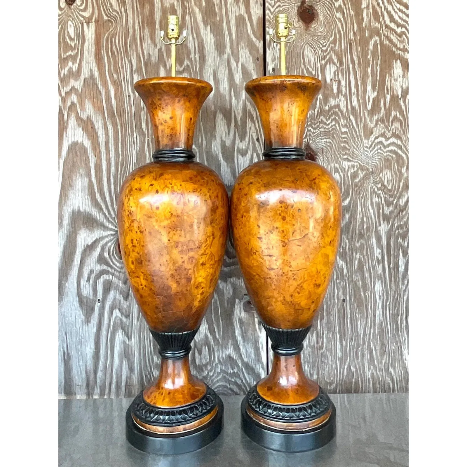 Vintage Late 20th Century Boho Burl Wood Urn Lamps - a Pair — additional photo 6