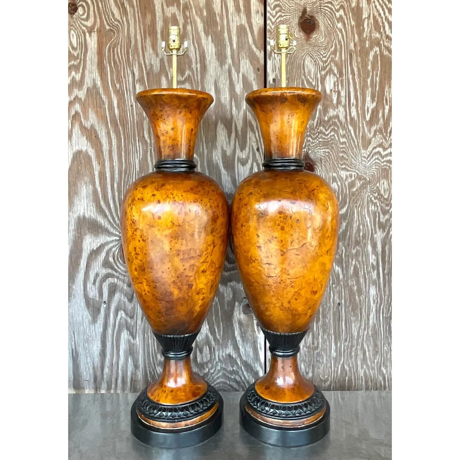 Vintage Late 20th Century Boho Burl Wood Urn Lamps - a Pair — additional photo 7