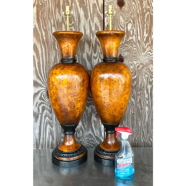 Vintage Late 20th Century Boho Burl Wood Urn Lamps - a Pair — additional photo 8
