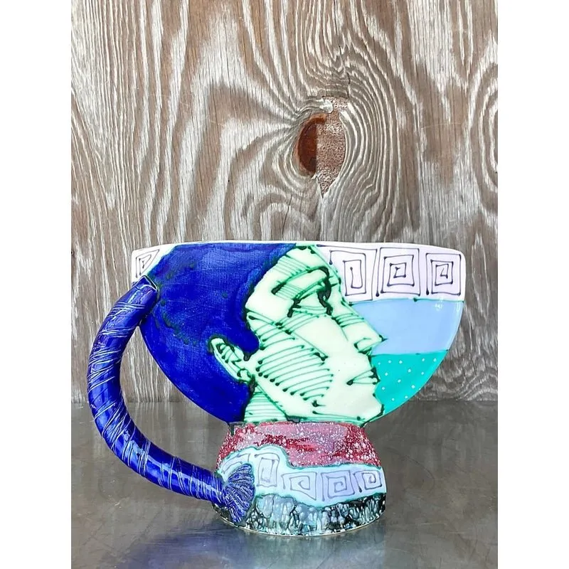 Vintage Boho Signed Hand Painted Glazed Ceramic Vessel — additional photo 1