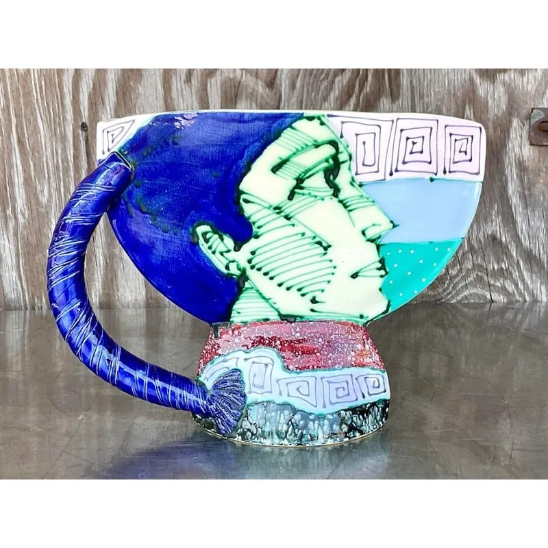 Vintage Boho Signed Hand Painted Glazed Ceramic Vessel — additional photo 1