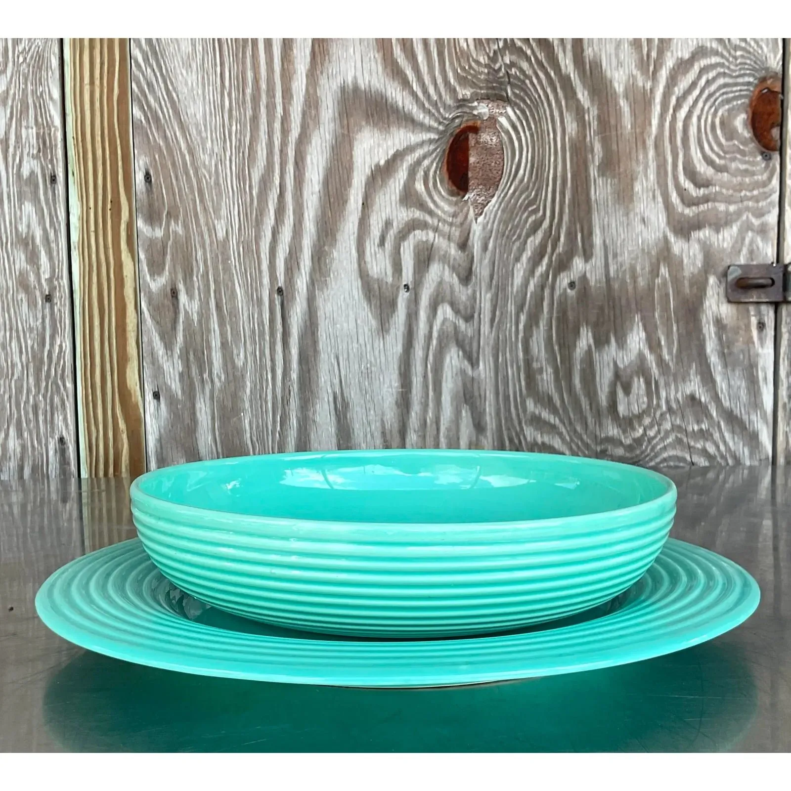 Vintage Boho Glazed Ceramic Platter and Bowl Serving Set- 2 Pieces — additional photo 1
