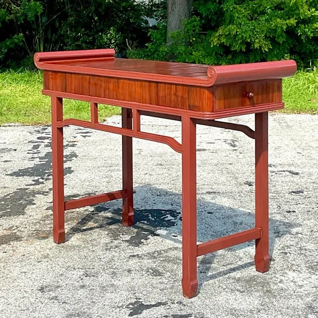 Late 20th Century Vintage Boho Reclaimed Wood Tall Pagoda Console Table — additional photo 1