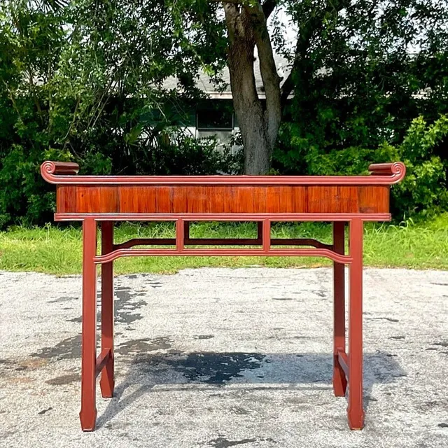 Late 20th Century Vintage Boho Reclaimed Wood Tall Pagoda Console Table — additional photo 7