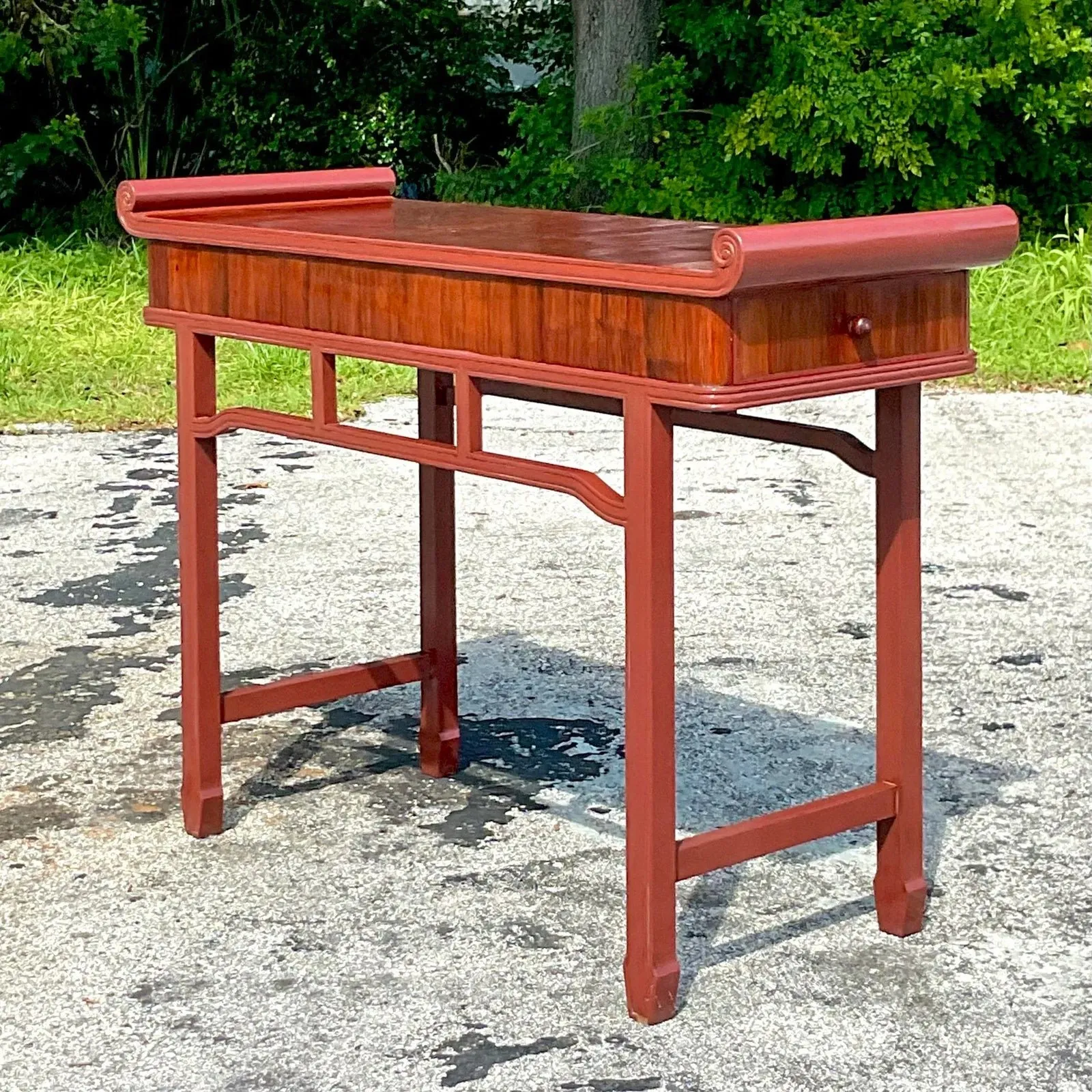 Late 20th Century Vintage Boho Reclaimed Wood Tall Pagoda Console Table — additional photo 3