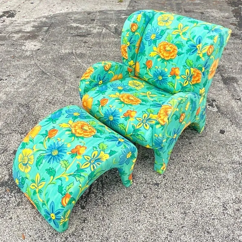 Vintage Boho Thayer Coggin Floral Chair and Ottoman Set — additional photo 3