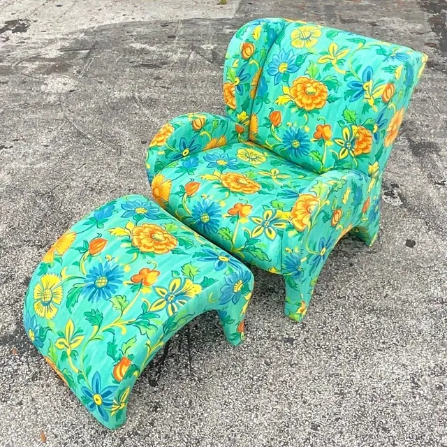 Vintage Boho Thayer Coggin Floral Chair and Ottoman Set — additional photo 3